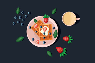 Belgian waffles with berries and cream. Flat style illustration isolated on blue background