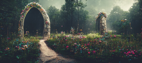 Naklejka premium Spectacular archway covered with vine in the middle of fantasy fairy tale forest landscape, misty on spring time. Digital art 3D illustration.