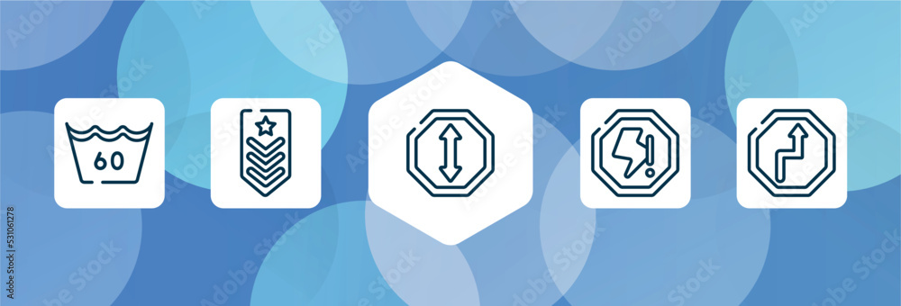 Poster traffic signs collection outline icon set isolated on blue abstract background. thin line icons such as null, explosive, ahead, lightning warning, bend vector. can be used for web and mobile.