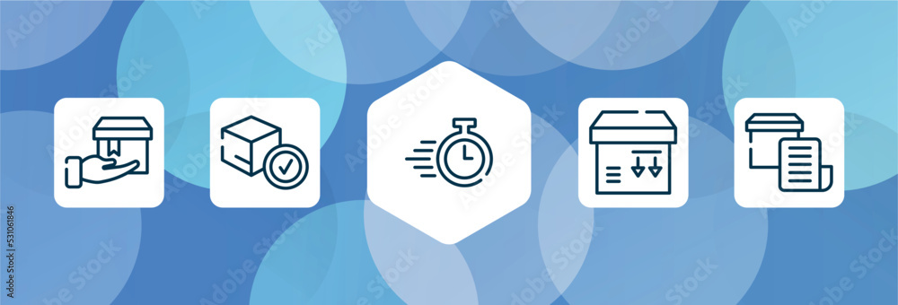 Poster lineal logistic outline icon set isolated on blue abstract background. thin line icons such as deliv
