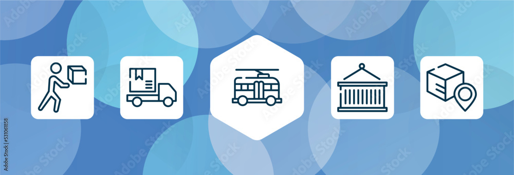 Poster lineal logistic outline icon set isolated on blue abstract background. thin line icons such as deliv