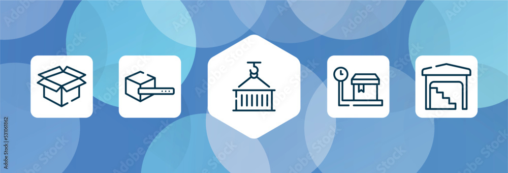 Poster shipping and handly outline icon set isolated on blue abstract background. thin line icons such as o