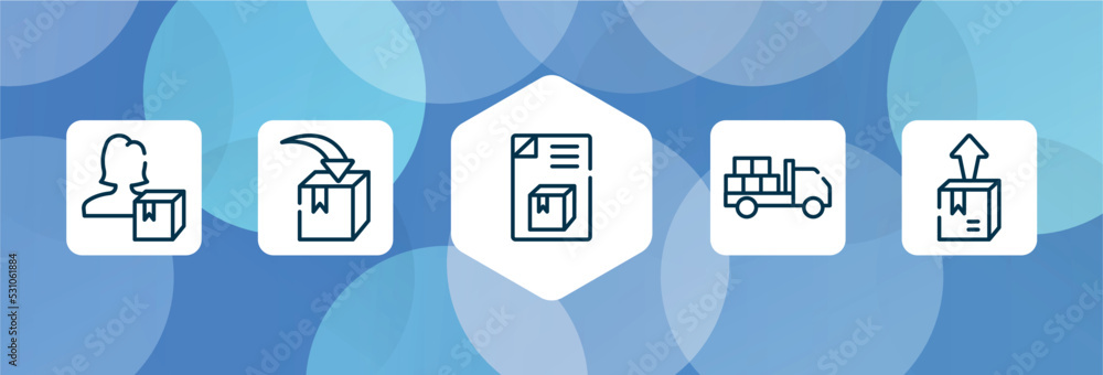 Poster global logistic outline icon set isolated on blue abstract background. thin line icons such as deliv