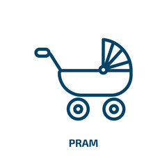 pram icon from transport collection. Thin linear pram, kid, baby outline icon isolated on white background. Line vector pram sign, symbol for web and mobile