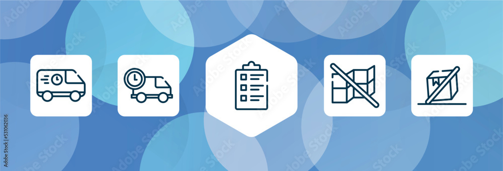 Poster shipping and handly outline icon set isolated on blue abstract background. thin line icons such as f