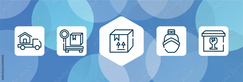 Poster boxes outline icon set isolated on blue abstract background. thin line icons such as moving home, pa