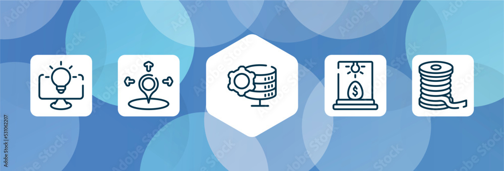 Poster general outline icon set isolated on blue abstract background. thin line icons such as business inte