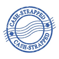 CASH-STRAPPED, text written on blue postal stamp.