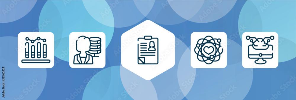 Poster general outline icon set isolated on blue abstract background. thin line icons such as business perf