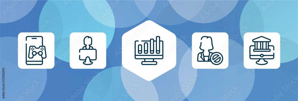 Poster general outline icon set isolated on blue abstract background. thin line icons such as in-game adver