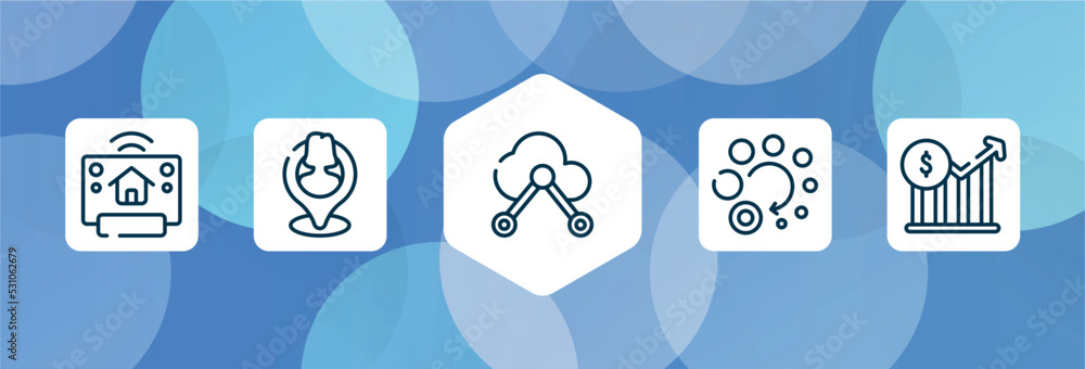 Poster general outline icon set isolated on blue abstract background. thin line icons such as smart home hu