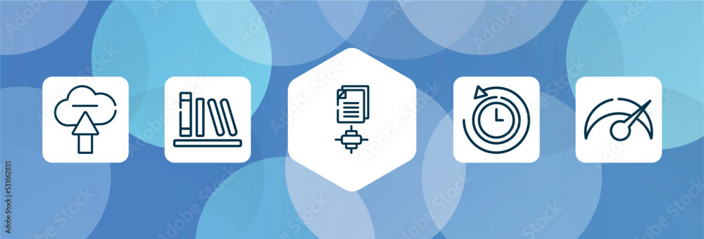 Poster productivity outline icon set isolated on blue abstract background. thin line icons such as upload t