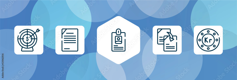 Poster marketing and seo outline icon set isolated on blue abstract background. thin line icons such as target with an arrow, content management, long id card, duplicate content, null vector. can be used