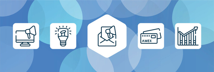 business and finance outline icon set isolated on blue abstract background. thin line icons such as responsive marketing, light modern lamp tool, marketing email, , profit chart vector. can be used