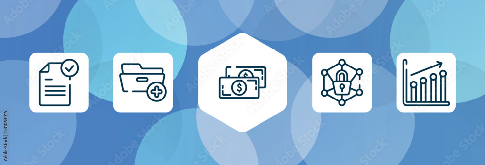 Poster marketing and seo outline icon set isolated on blue abstract background. thin line icons such as fil