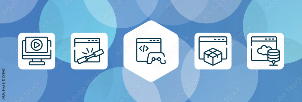 Poster marketing and seo outline icon set isolated on blue abstract background. thin line icons such as play video, add link, game developing, web package, web server vector. can be used for web and