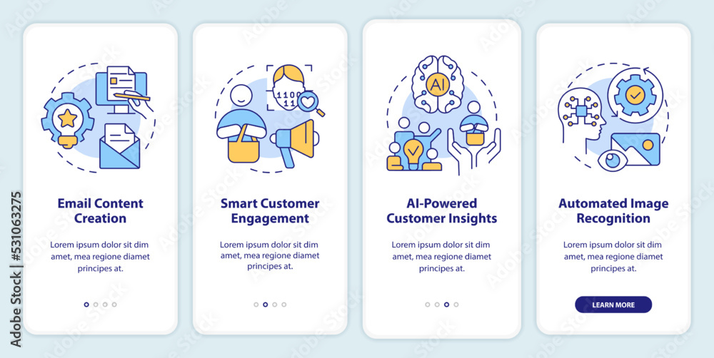 Poster ai technology in marketing onboarding mobile app screen. progress walkthrough 4 steps editable graph
