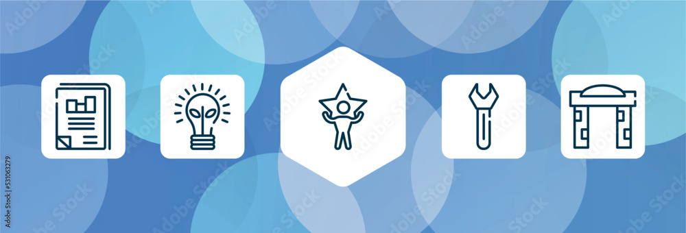 Poster advertisement outline icon set isolated on blue abstract background. thin line icons such as busines