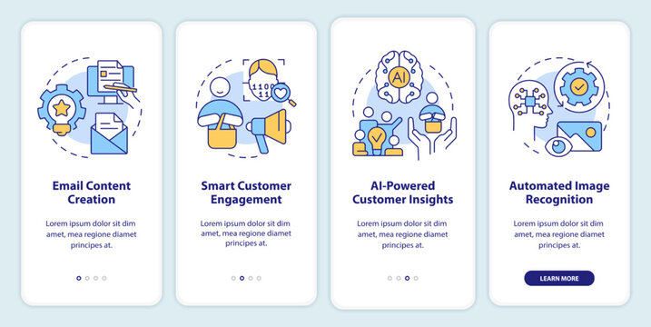 AI technology in marketing onboarding mobile app screen. Progress walkthrough 4 steps editable graphic instructions with linear concepts. UI, UX, GUI template. Myriad Pro-Bold, Regular fonts used