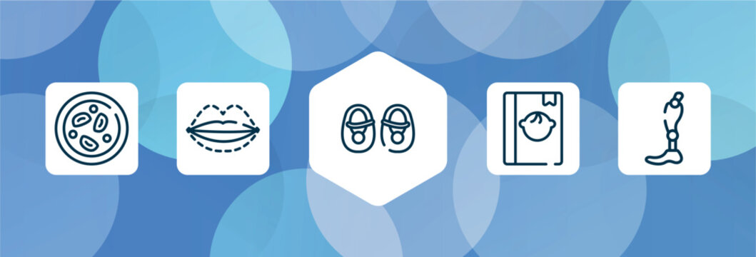 Medicine Outline Icon Set Isolated On Blue Abstract Background. Thin Line Icons Such As Microscopic, Sil, Baby Shoes, Baby Book, Prothesis Vector. Can Be Used For Web And Mobile.