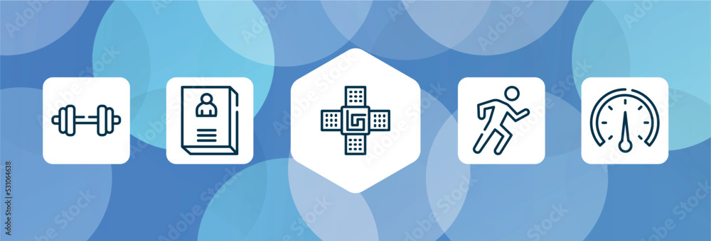 Poster laboratory outline icon set isolated on blue abstract background. thin line icons such as dumbell, b