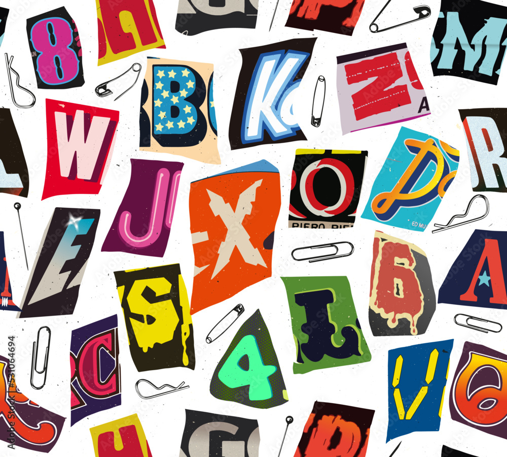 Poster colorful seamless vector pattern alphabet letters and numbers clippings in typographic composition w