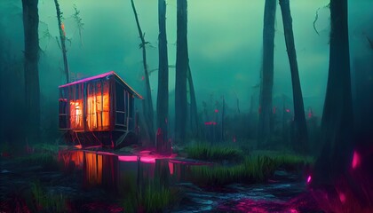 Camper travel trailer neon lit in the middle of the woods