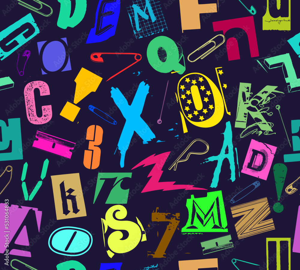 Aufkleber colorful seamless vector pattern alphabet letters clippings in typographic composition with pins and