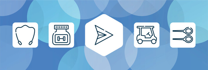 sports outline icon set isolated on blue abstract background. thin line icons such as jump rope, supplement, paper airplane, golf cart, badminton vector. can be used for web and mobile.