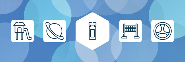 driving school outline icon set isolated on blue abstract background. thin line icons such as children park, saturn, reusable bottle, finish, driving vector. can be used for web and mobile.