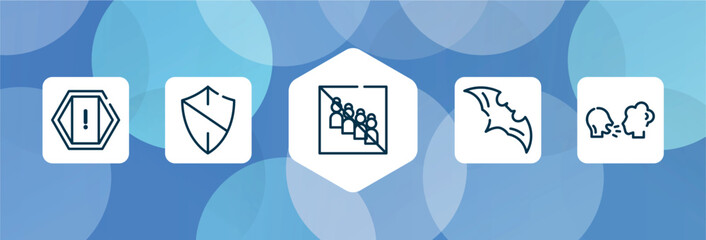 outline icon set isolated on blue abstract background. thin line icons such as attention, antivirus, no group, bat, virus transmission vector. can be used for web and mobile.