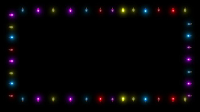 4K String of colorful light bulbs. Looping Christmas holiday themed frame pattern glowing lights. party, Christmas or new year, festival, Anniversary, Celebration, Happy Birthday, Wedding, Diwali.
