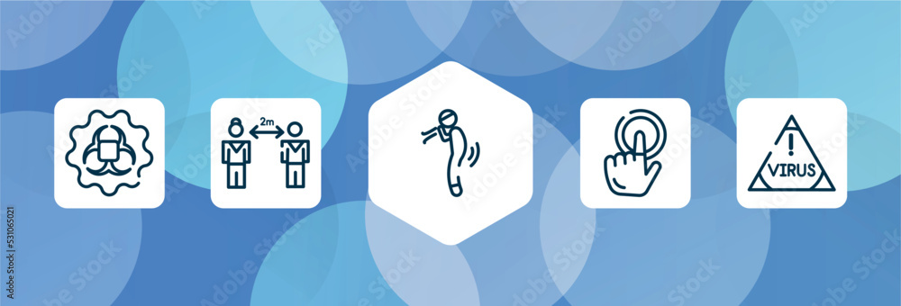 Poster outline icon set isolated on blue abstract background. thin line icons such as contagious, keep dist