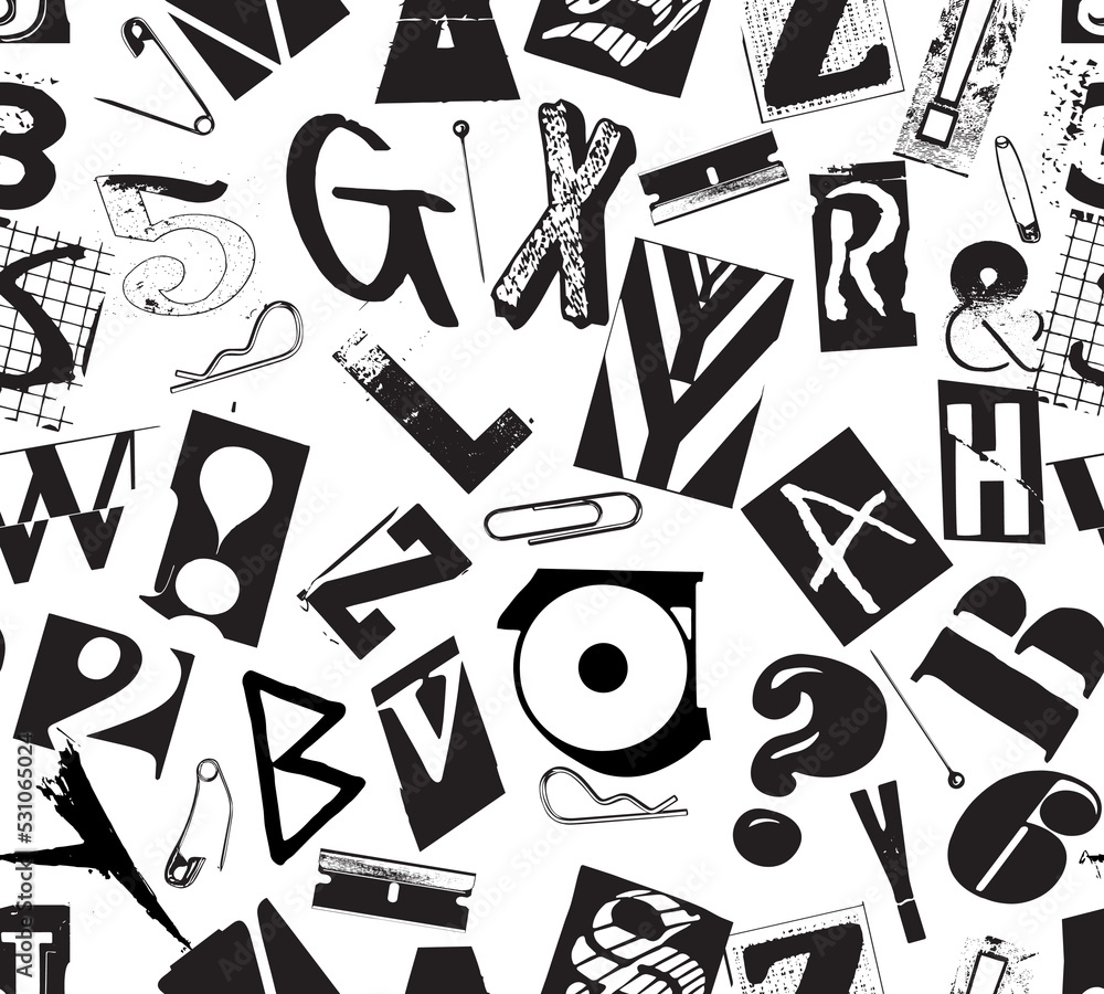 Aufkleber punk seamless vector pattern alphabet typography composition with pins and clips in the style of gru
