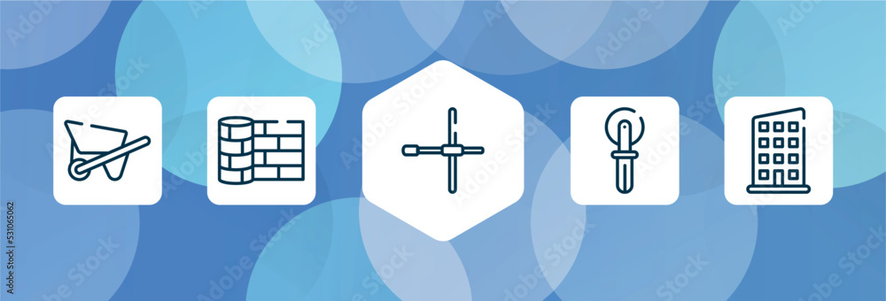 Poster building outline icon set isolated on blue abstract background. thin line icons such as wheelbarrow 