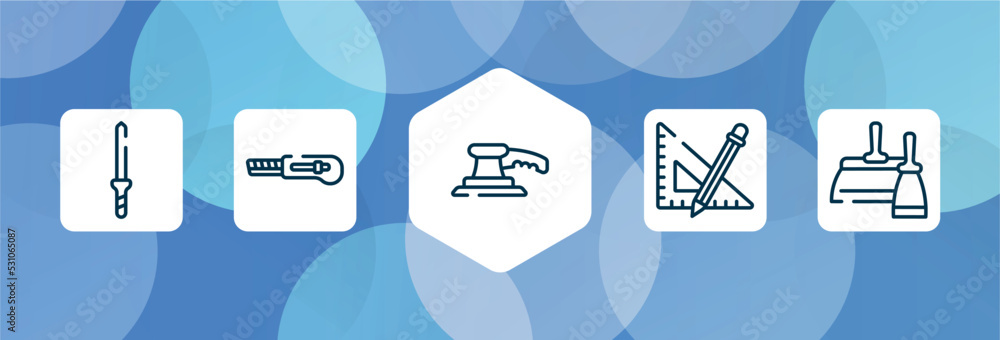 Poster tools and hinery outline icon set isolated on blue abstract background. thin line icons such as knif