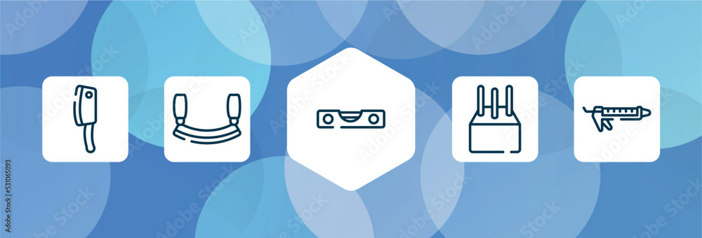 Poster building outline icon set isolated on blue abstract background. thin line icons such as cleaver, mez
