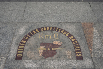 Kilometer zero at the square of the Door of the Sun in the center of Madrid, Spain (inscription 