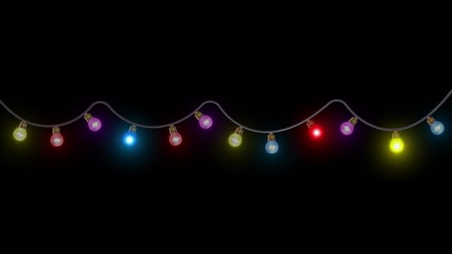 4K Corner light bulb string frame and border. copy space Colorful light bulb string with flashing light bulbs. party, Christmas or new year background animation. birthday Holiday decor element