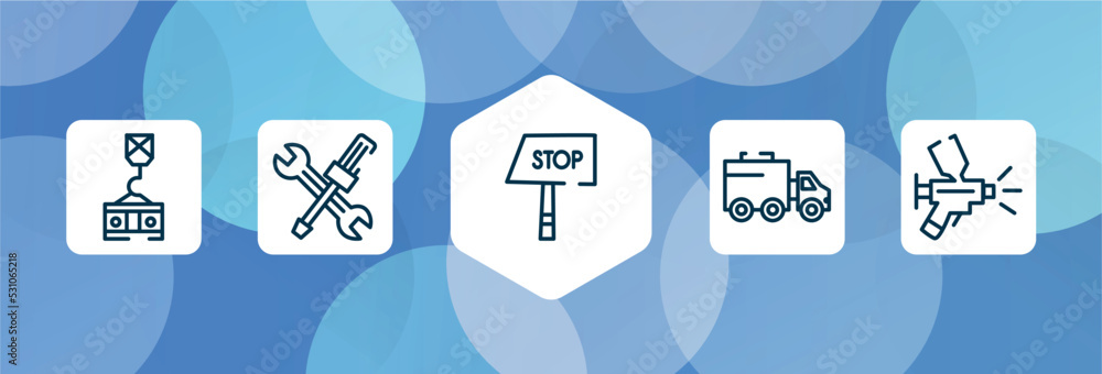 Poster tools and hinery outline icon set isolated on blue abstract background. thin line icons such as cran