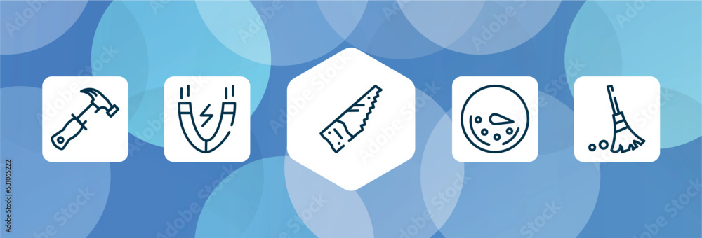 Poster constructicons outline icon set isolated on blue abstract background. thin line icons such as hammer