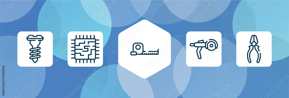 Poster toolbox outline icon set isolated on blue abstract background. thin line icons such as screw, mother