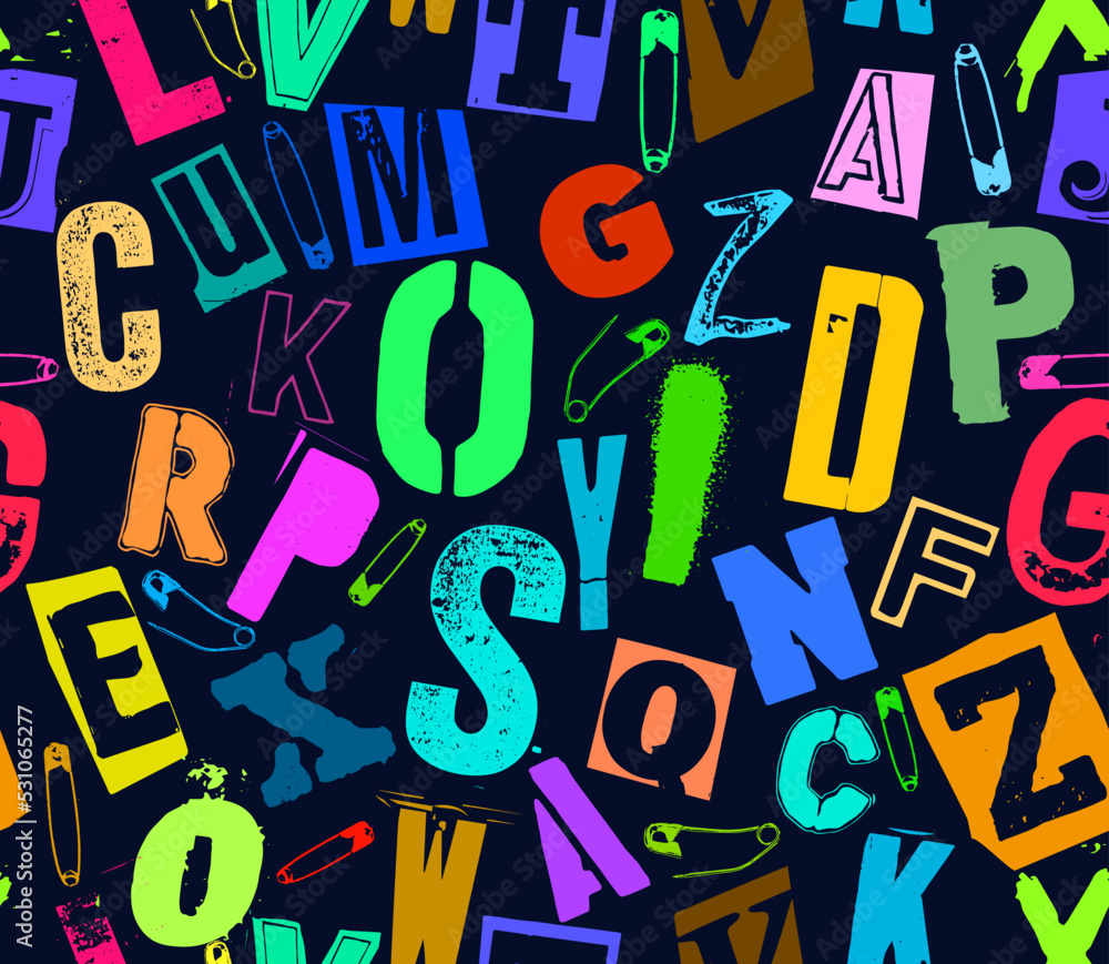 Aufkleber colorful seamless vector pattern alphabet letters clippings in typographic composition with pins and