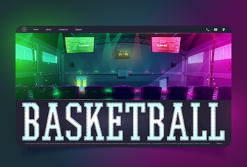 Fototapeta premium Basketball game tournament cartoon landing page. High school team or junior college league competition. Gymnasium background with hoop, displays and spectator seats, Vector illustration, web banner,