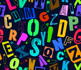 Colorful seamless vector pattern alphabet letters clippings in typographic composition with pins and clips in the style of grunge, punk and ransom color design on dark black background.