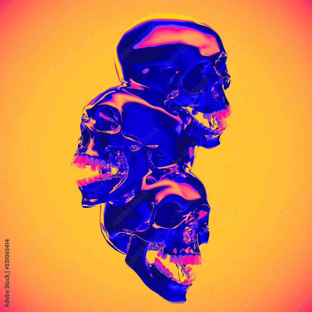 Aufkleber abstract illustration from 3d rendering of a sculpture made of 3 fused black shiny metallic skulls i