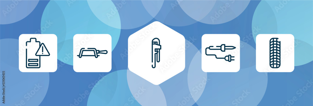 Poster work tools outline icon set isolated on blue abstract background. thin line icons such as empty batt