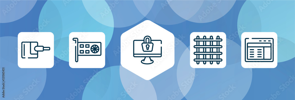 Poster programming line craft outline icon set isolated on blue abstract background. thin line icons such a