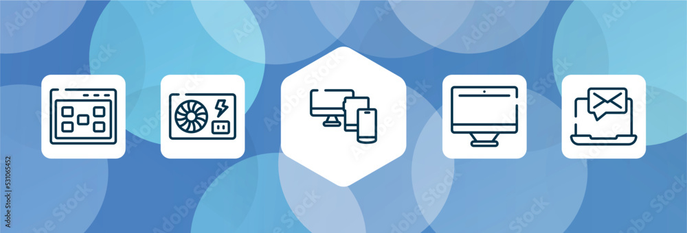 Poster responsive web outline icon set isolated on blue abstract background. thin line icons such as ux de,