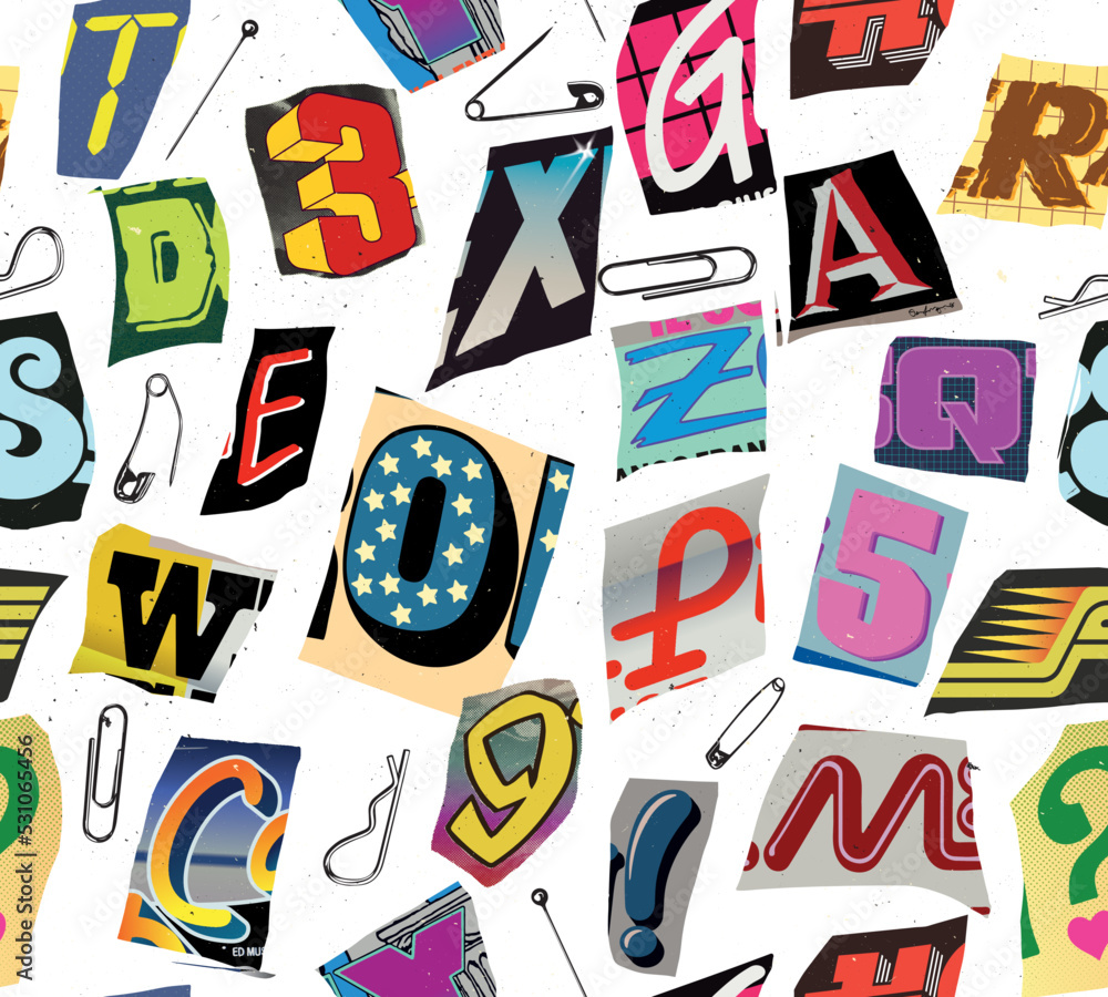 Aufkleber colorful seamless vector pattern alphabet letters and numbers clippings in typographic composition w